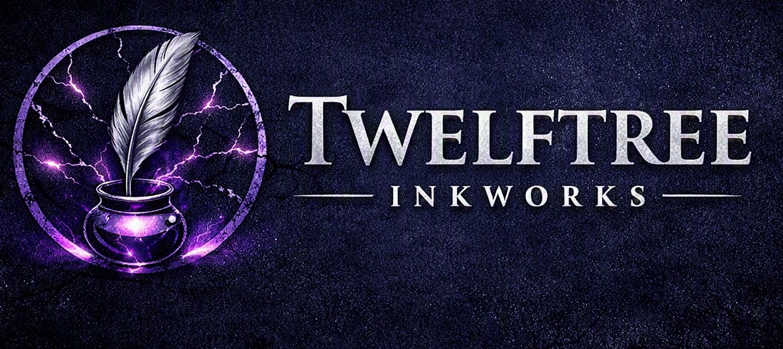 Twelftree Inkworks logo: a silver quill in a glowing violet inkpot inside a cracked stone ring.